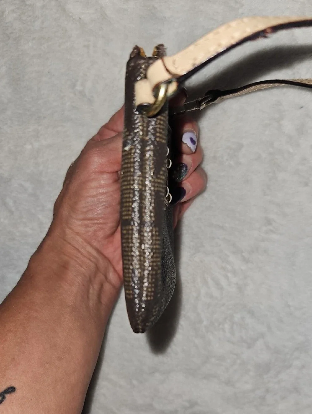 Michael Kors Dark Brown Signature Wristlet with Beige Strap